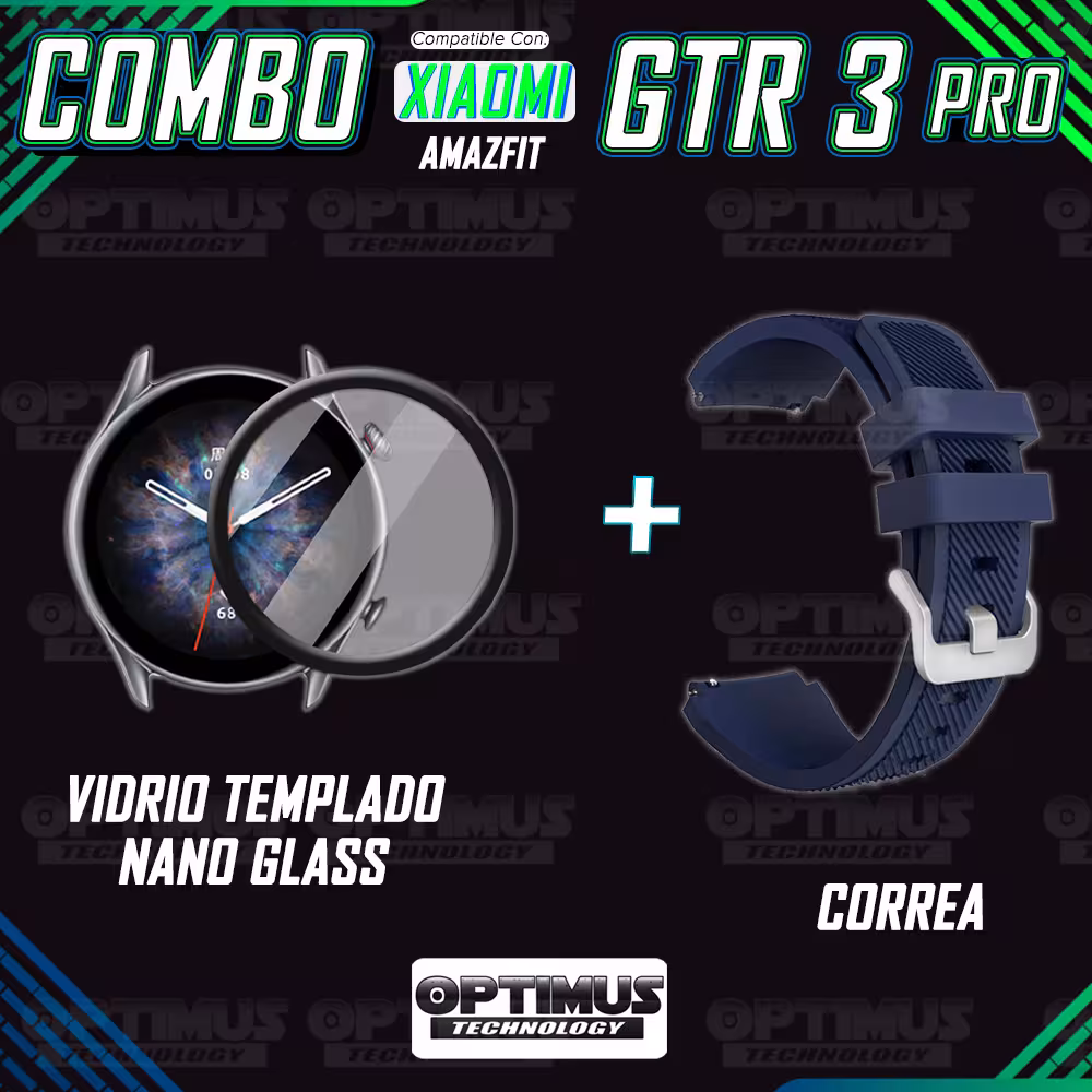 Kit Correa Pulso Manilla de Goma Rayada 22mm para Xiaomi AmazFit GTR 3 PRO Y Vidrio Templado Nano Glass