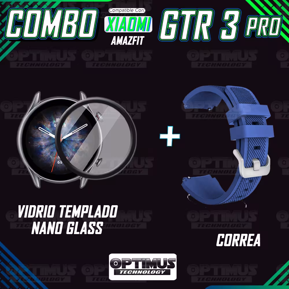 Kit Correa Pulso Manilla de Goma Rayada 22mm para Xiaomi AmazFit GTR 3 PRO Y Vidrio Templado Nano Glass