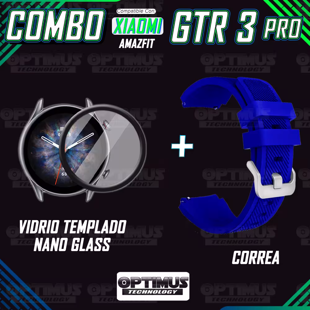 Kit Correa Pulso Manilla de Goma Rayada 22mm para Xiaomi AmazFit GTR 3 PRO Y Vidrio Templado Nano Glass
