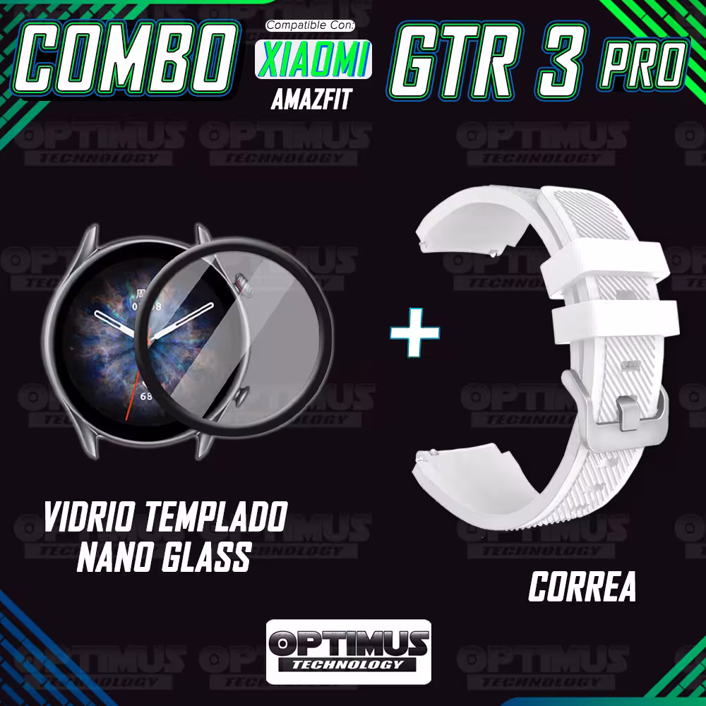 Kit Correa Pulso Manilla de Goma Rayada 22mm para Xiaomi AmazFit GTR 3 PRO Y Vidrio Templado Nano Glass