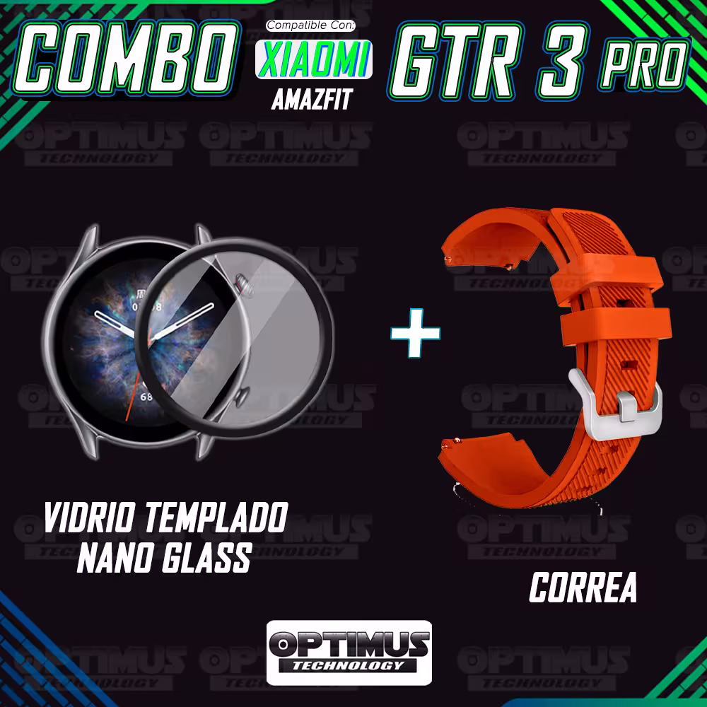 Kit Correa Pulso Manilla de Goma Rayada 22mm para Xiaomi AmazFit GTR 3 PRO Y Vidrio Templado Nano Glass