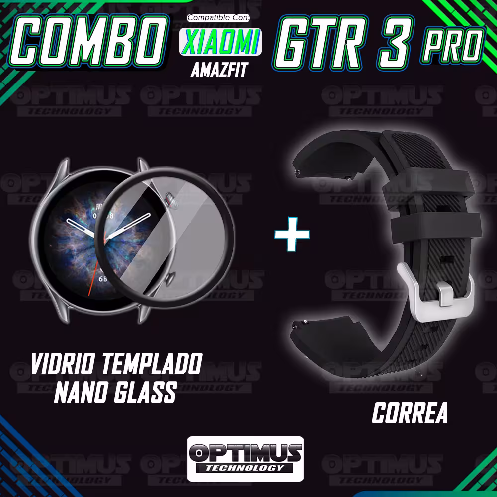 Kit Correa Pulso Manilla de Goma Rayada 22mm para Xiaomi AmazFit GTR 3 PRO Y Vidrio Templado Nano Glass