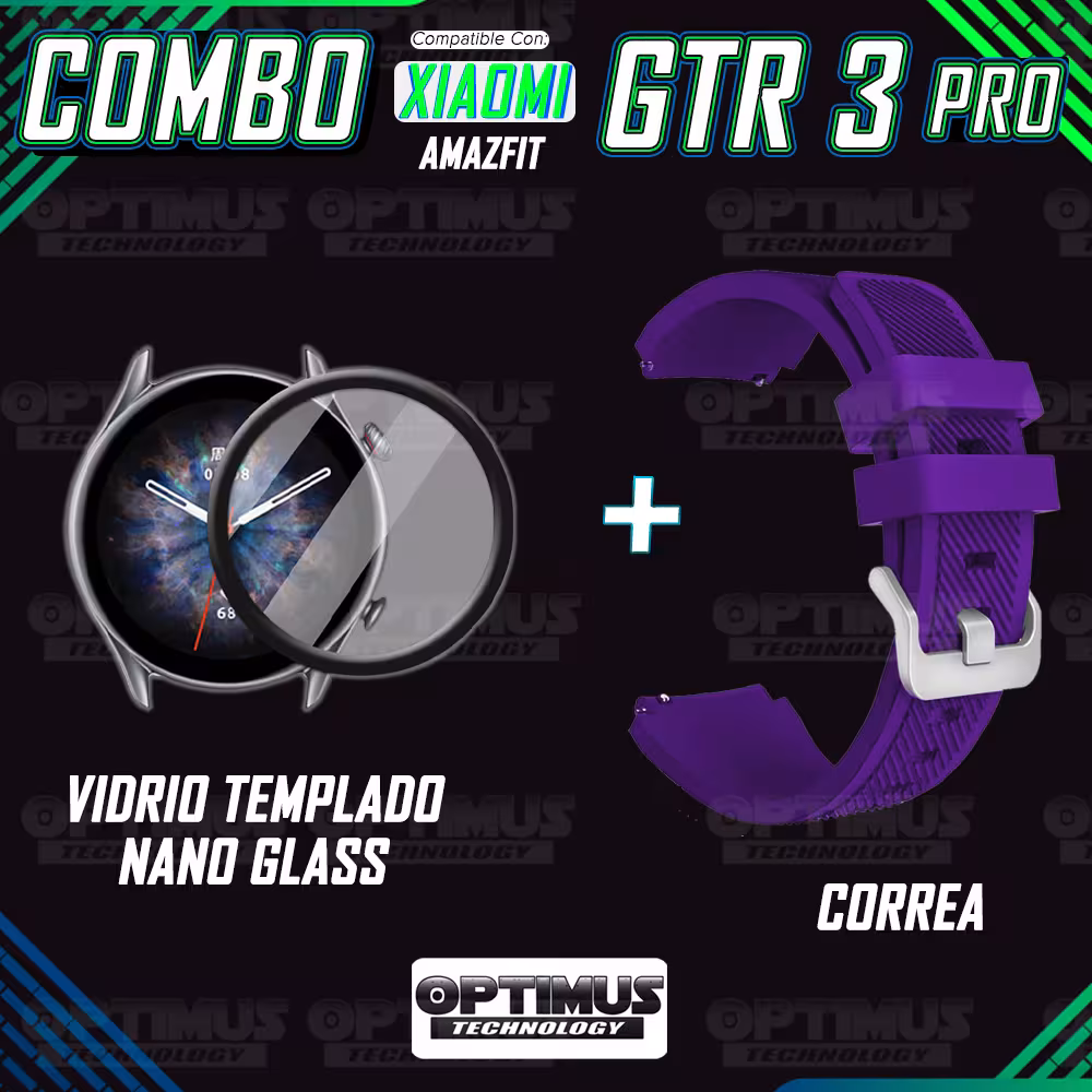 Kit Correa Pulso Manilla de Goma Rayada 22mm para Xiaomi AmazFit GTR 3 PRO Y Vidrio Templado Nano Glass