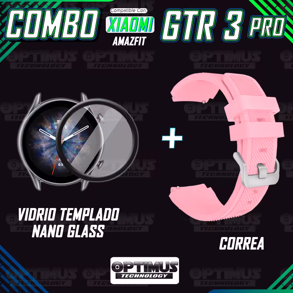 Kit Correa Pulso Manilla de Goma Rayada 22mm para Xiaomi AmazFit GTR 3 PRO Y Vidrio Templado Nano Glass