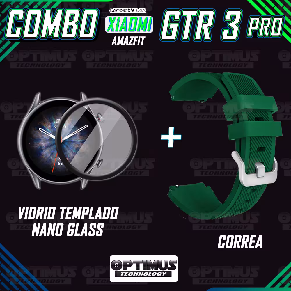 Kit Correa Pulso Manilla de Goma Rayada 22mm para Xiaomi AmazFit GTR 3 PRO Y Vidrio Templado Nano Glass