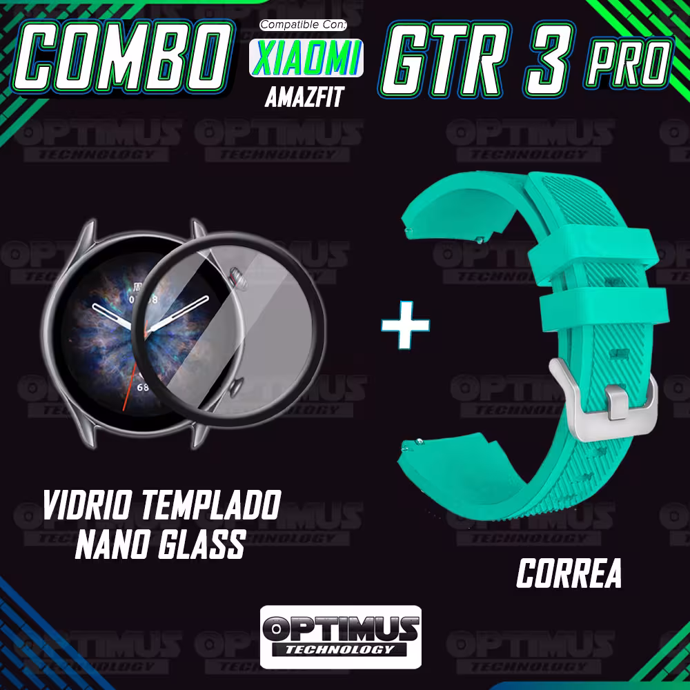 Kit Correa Pulso Manilla de Goma Rayada 22mm para Xiaomi AmazFit GTR 3 PRO Y Vidrio Templado Nano Glass