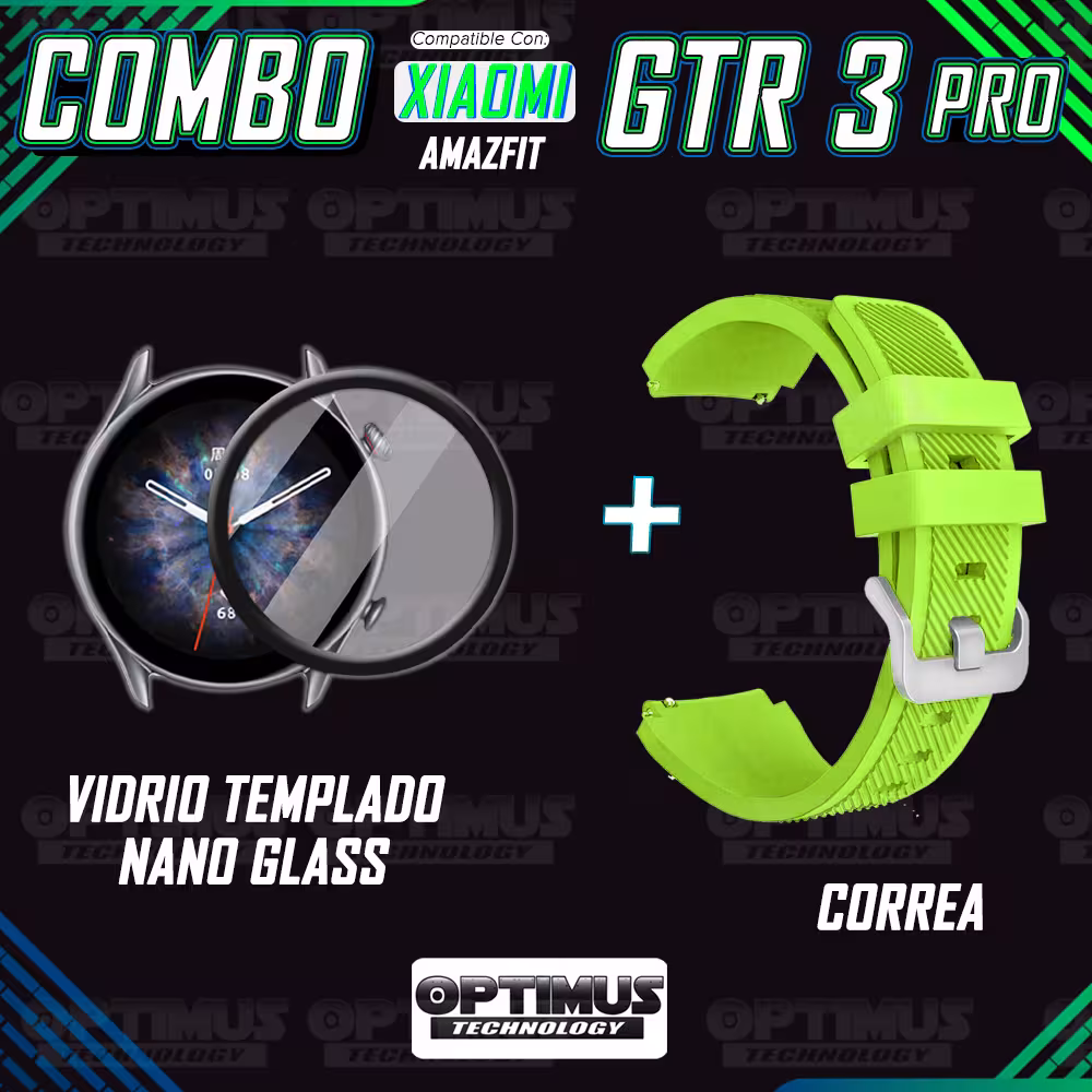 Kit Correa Pulso Manilla de Goma Rayada 22mm para Xiaomi AmazFit GTR 3 PRO Y Vidrio Templado Nano Glass