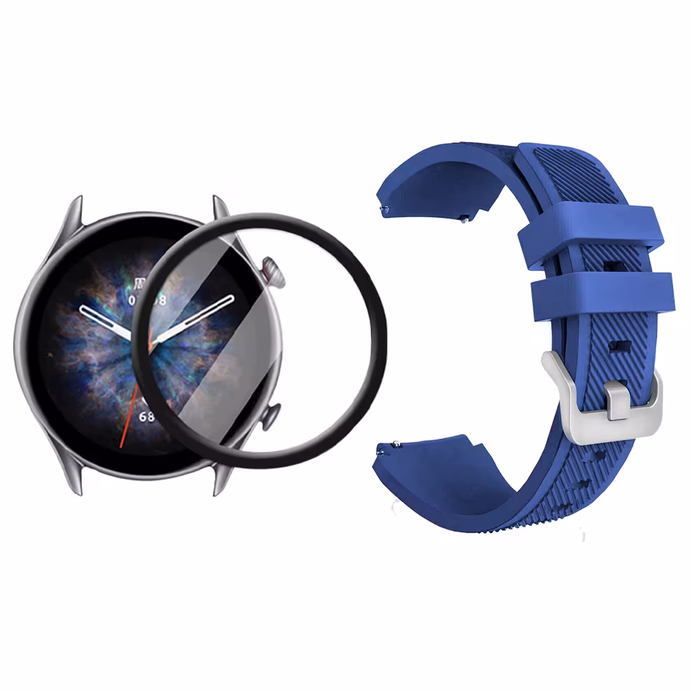 Kit Correa Pulso Manilla de Goma Rayada 22mm para Xiaomi AmazFit GTR 3 PRO Y Vidrio Templado Nano Glass