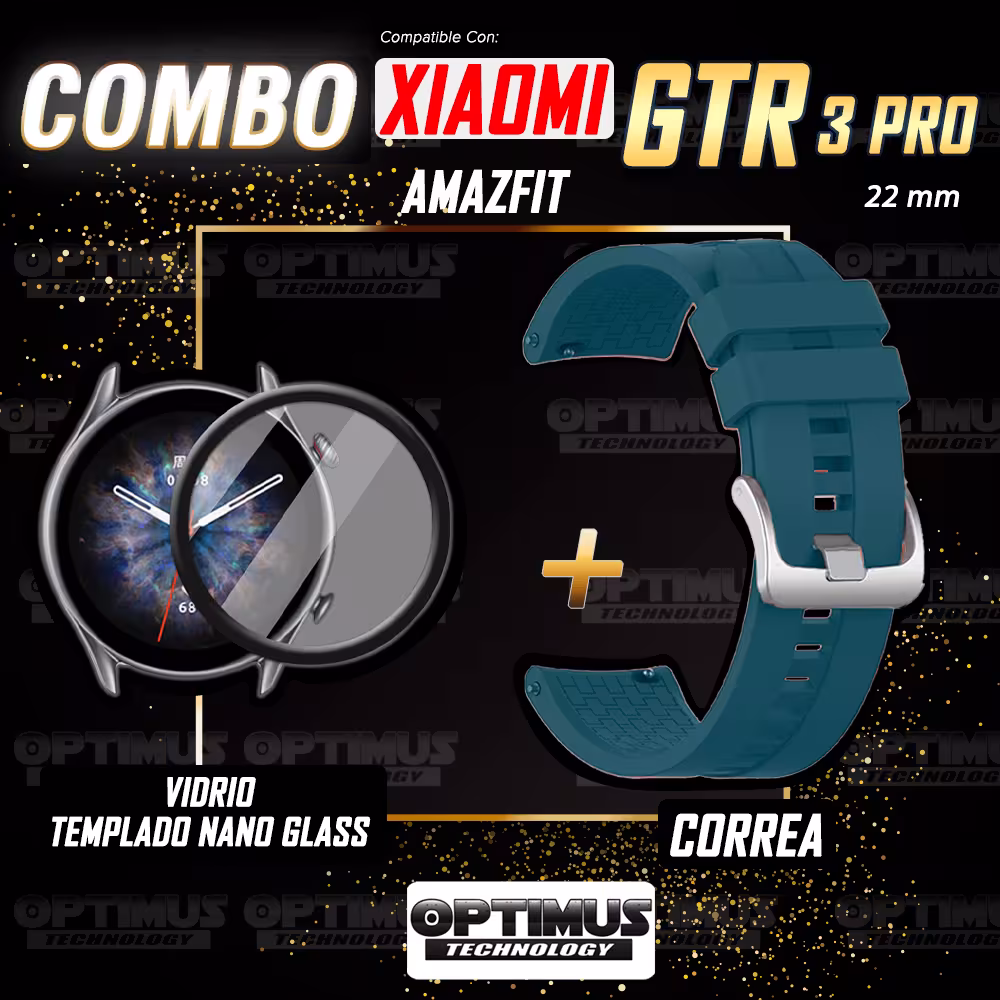 Combo Correa Pulso Manilla de Goma 22mm para Xiaomi AmazFit GTR 3 PRO y Vidrio Templado Nano Glass