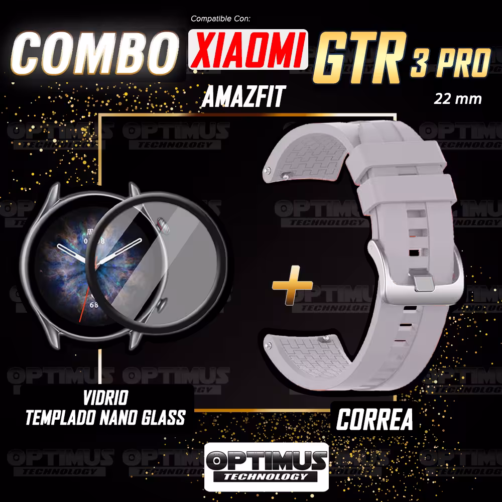 Combo Correa Pulso Manilla de Goma 22mm para Xiaomi AmazFit GTR 3 PRO y Vidrio Templado Nano Glass