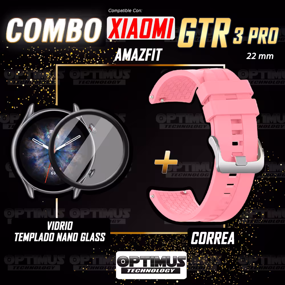 Combo Correa Pulso Manilla de Goma 22mm para Xiaomi AmazFit GTR 3 PRO y Vidrio Templado Nano Glass