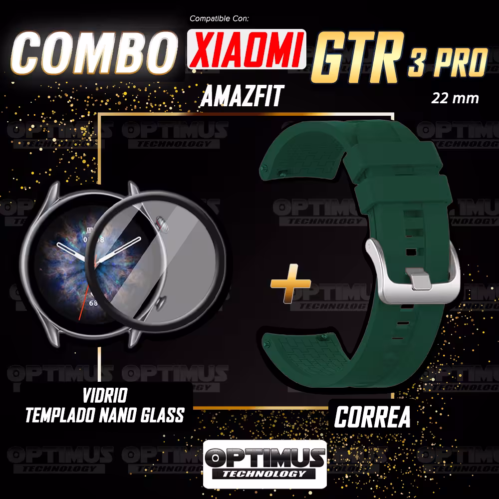 Combo Correa Pulso Manilla de Goma 22mm para Xiaomi AmazFit GTR 3 PRO y Vidrio Templado Nano Glass