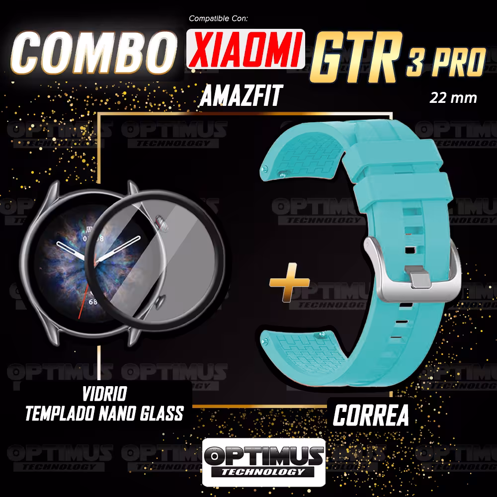 Combo Correa Pulso Manilla de Goma 22mm para Xiaomi AmazFit GTR 3 PRO y Vidrio Templado Nano Glass