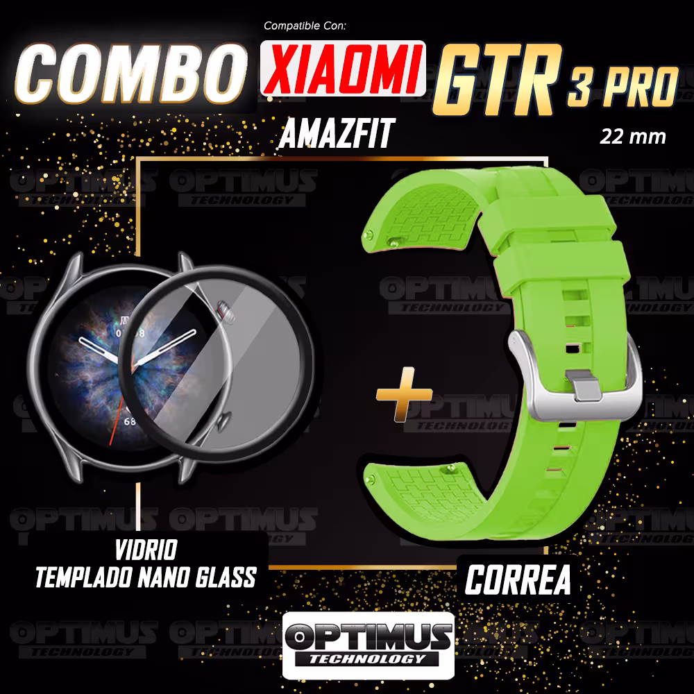 Combo Correa Pulso Manilla de Goma 22mm para Xiaomi AmazFit GTR 3 PRO y Vidrio Templado Nano Glass