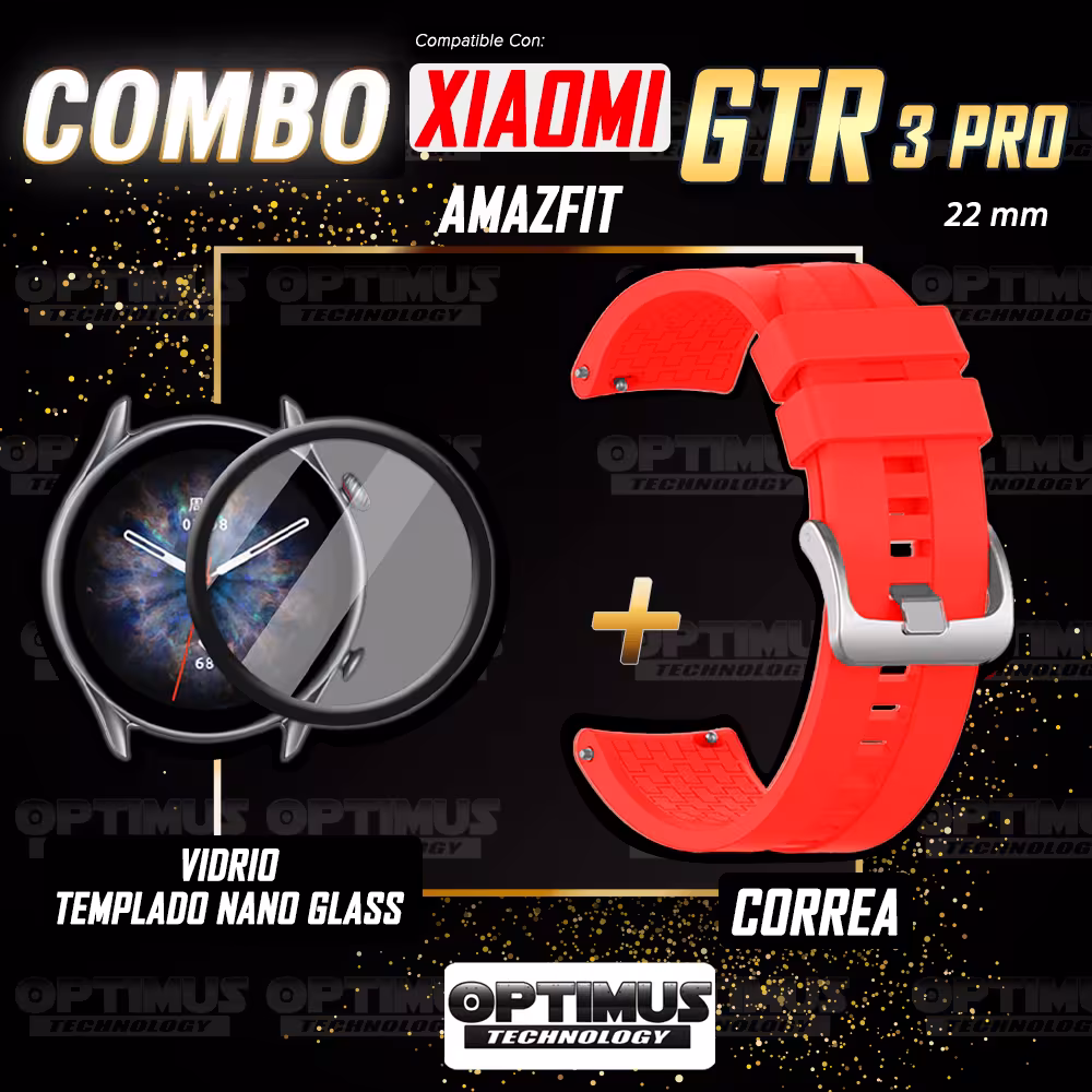 Combo Correa Pulso Manilla de Goma 22mm para Xiaomi AmazFit GTR 3 PRO y Vidrio Templado Nano Glass