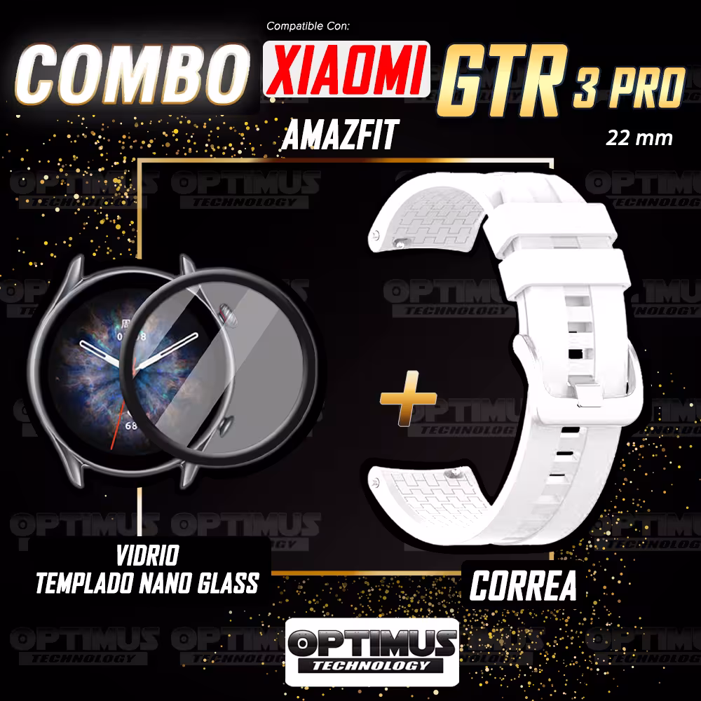 Combo Correa Pulso Manilla de Goma 22mm para Xiaomi AmazFit GTR 3 PRO y Vidrio Templado Nano Glass