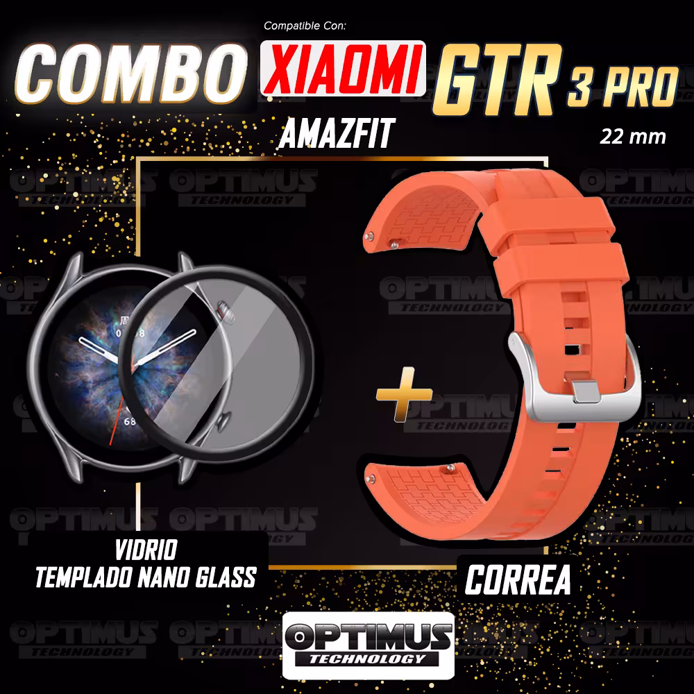Combo Correa Pulso Manilla de Goma 22mm para Xiaomi AmazFit GTR 3 PRO y Vidrio Templado Nano Glass