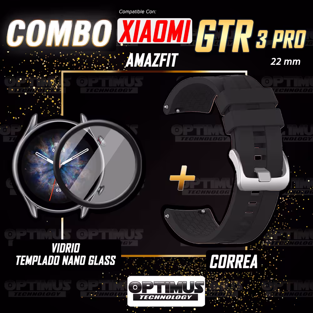 Combo Correa Pulso Manilla de Goma 22mm para Xiaomi AmazFit GTR 3 PRO y Vidrio Templado Nano Glass