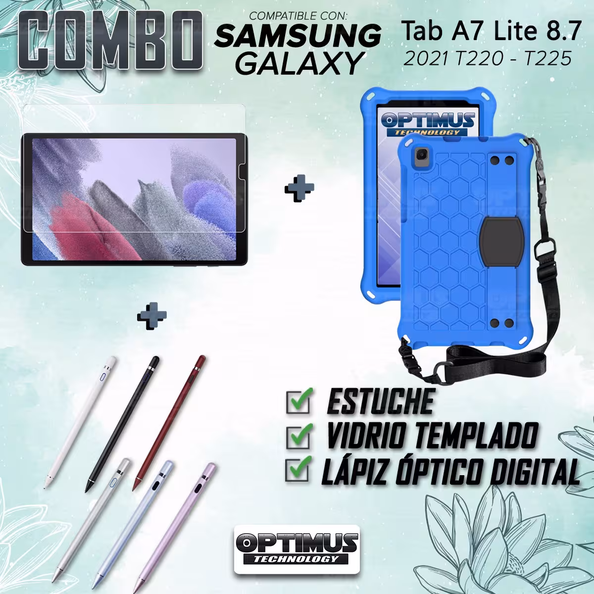 Kit Estuche Protector Correa + Vidrio Templado + Lápiz Digital para Tablet Samsung Galaxy Tab A7 Lite 8.7 2021 T220 - T225
