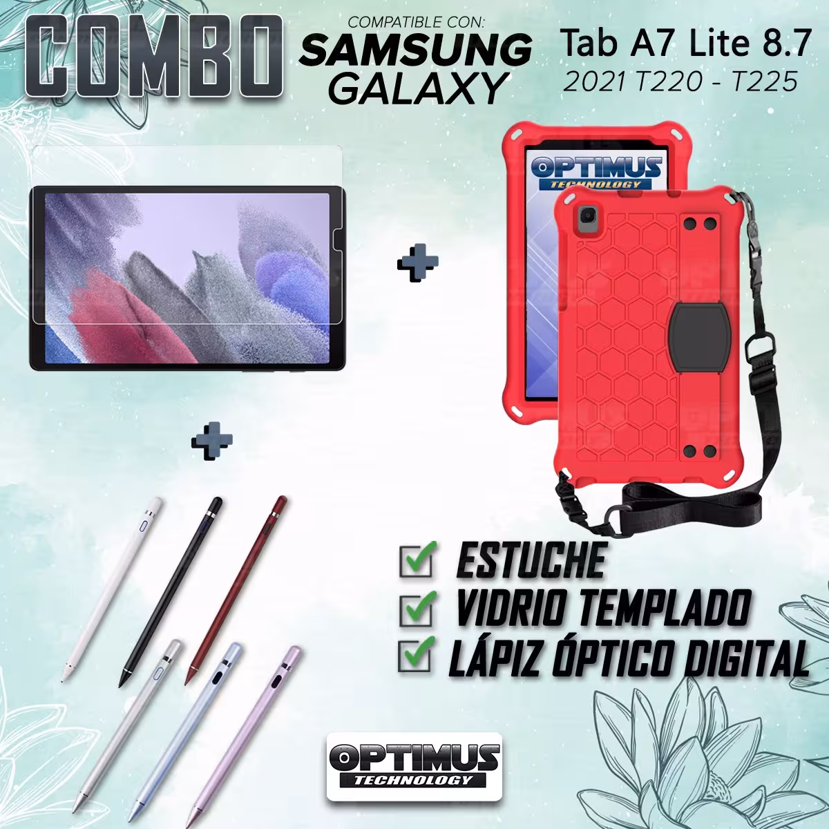 Kit Estuche Protector Correa + Vidrio Templado + Lápiz Digital para Tablet Samsung Galaxy Tab A7 Lite 8.7 2021 T220 - T225