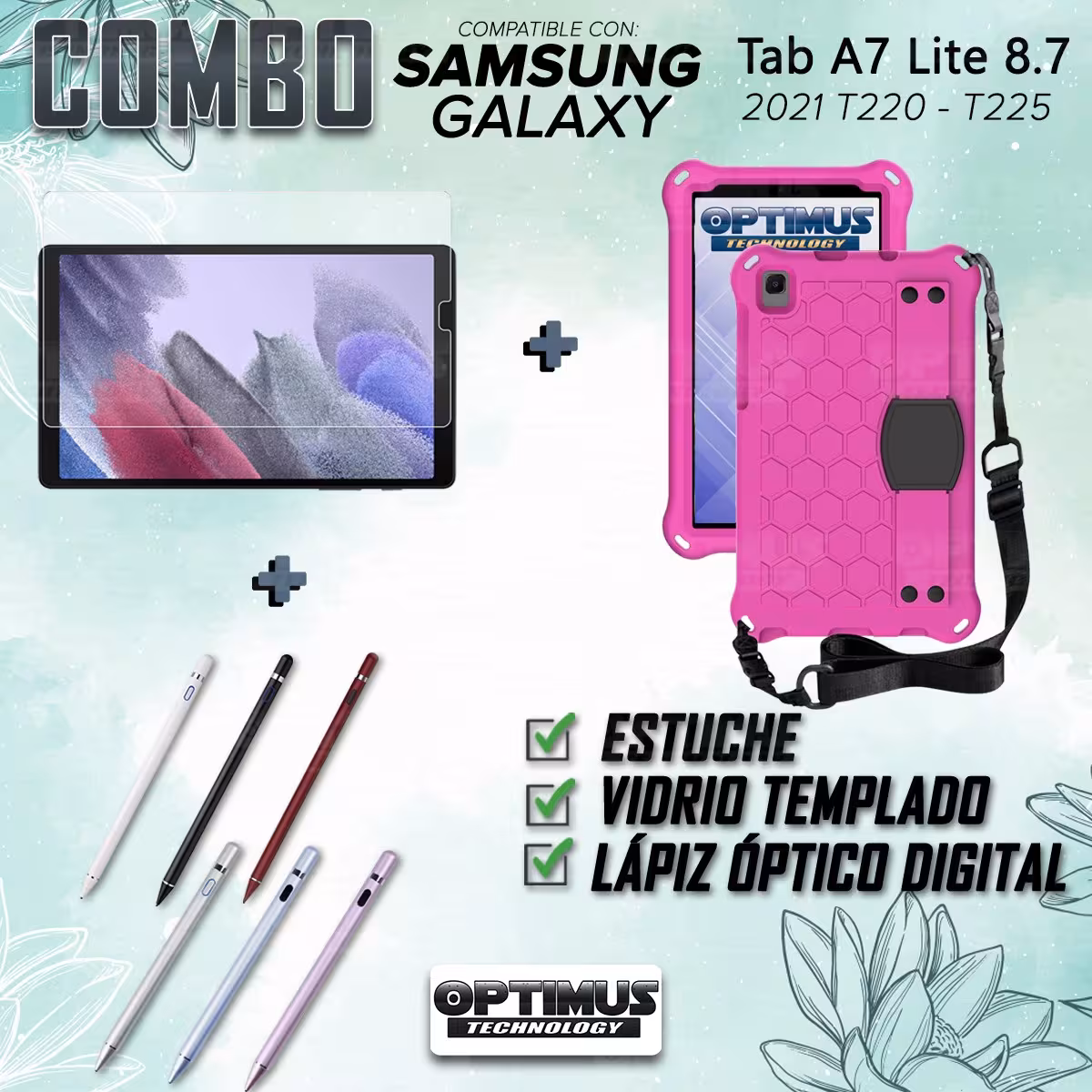 Kit Estuche Protector Correa + Vidrio Templado + Lápiz Digital para Tablet Samsung Galaxy Tab A7 Lite 8.7 2021 T220 - T225