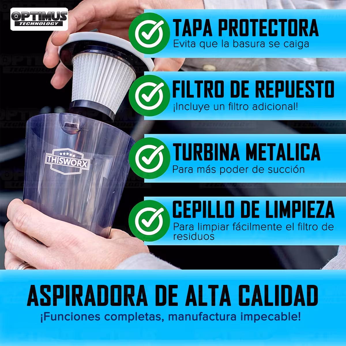 Aspiradora Alta Potencia para vehículos carros camionetas ThisWorx portátil de mano + Kit de limpieza + Filtro HEPA + Maletín