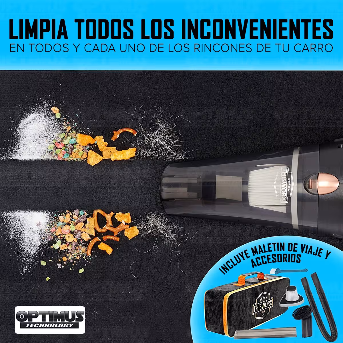 Aspiradora Alta Potencia para vehículos carros camionetas ThisWorx portátil de mano + Kit de limpieza + Filtro HEPA + Maletín