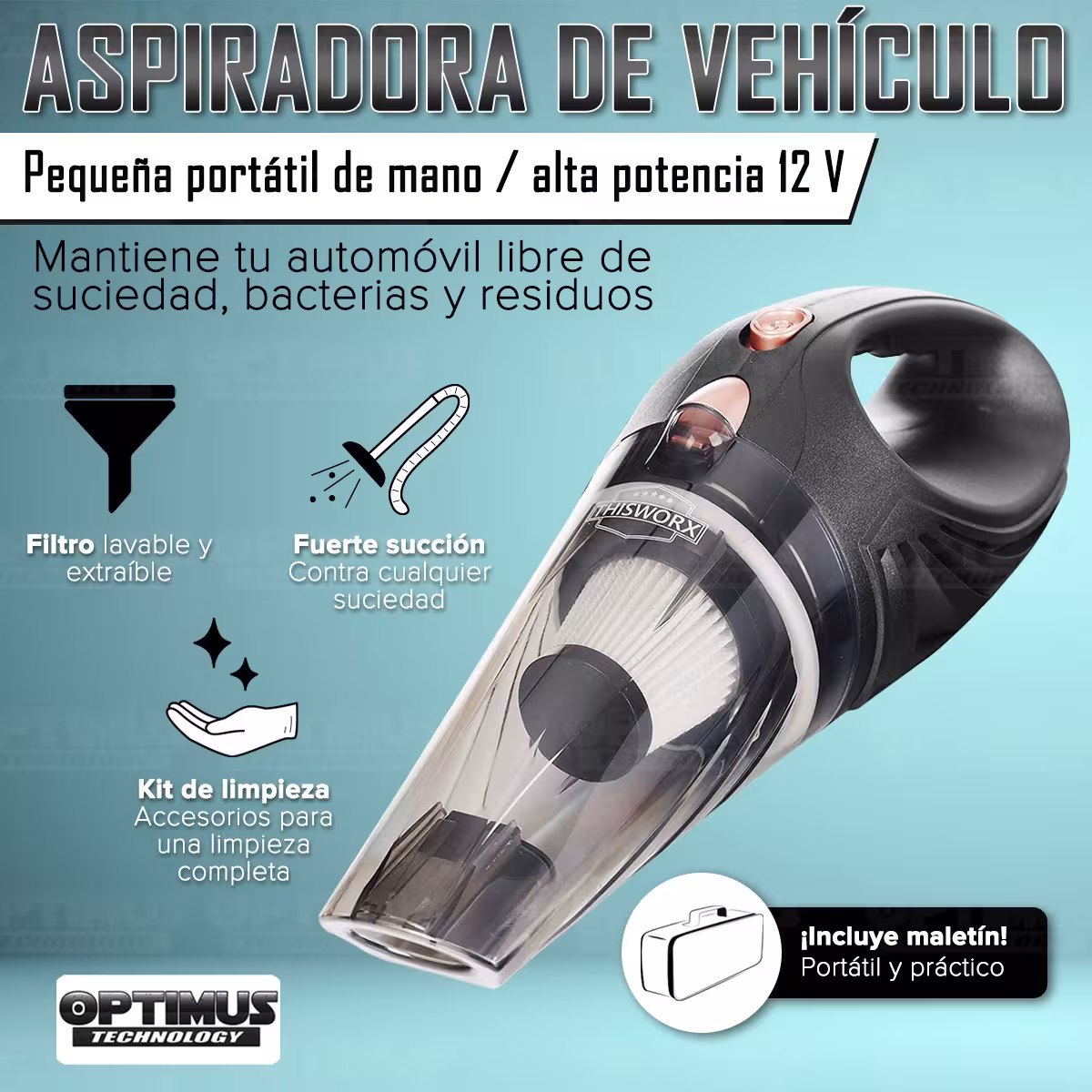 Aspiradora Alta Potencia para vehículos carros camionetas ThisWorx portátil de mano + Kit de limpieza + Filtro HEPA + Maletín