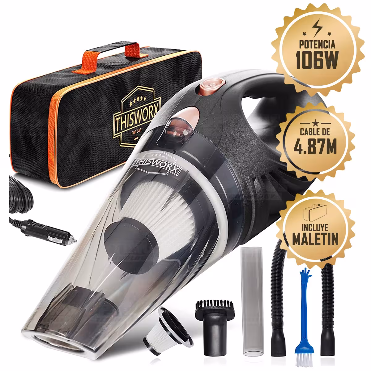 Aspiradora Alta Potencia para vehículos carros camionetas ThisWorx portátil de mano + Kit de limpieza + Filtro HEPA + Maletín