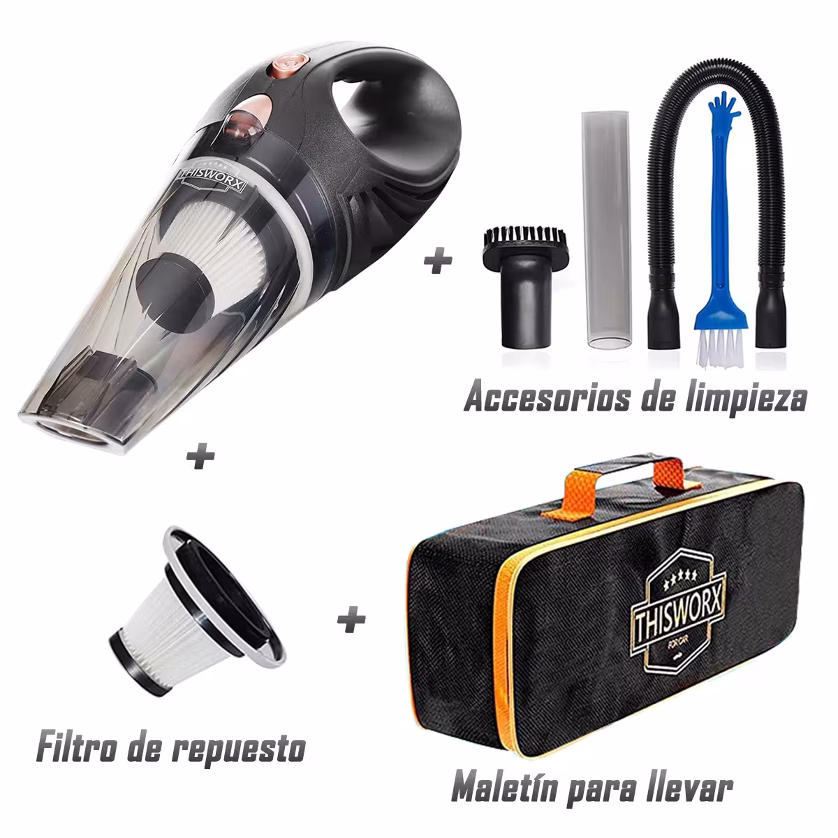 Aspiradora Alta Potencia para vehículos carros camionetas ThisWorx portátil de mano + Kit de limpieza + Filtro HEPA + Maletín