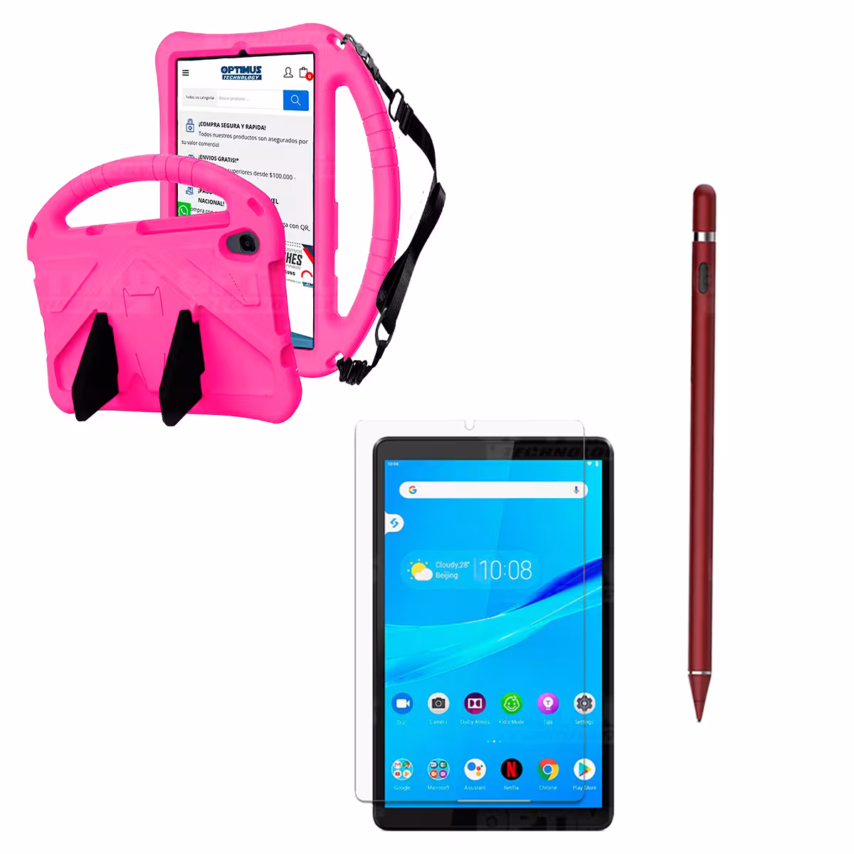 Kit Vidrio Templado + Estuche Protector Anti-Shock con Cordón Ajustable + Lápiz Digital Para Tablet Lenovo Tab M8 X8505f