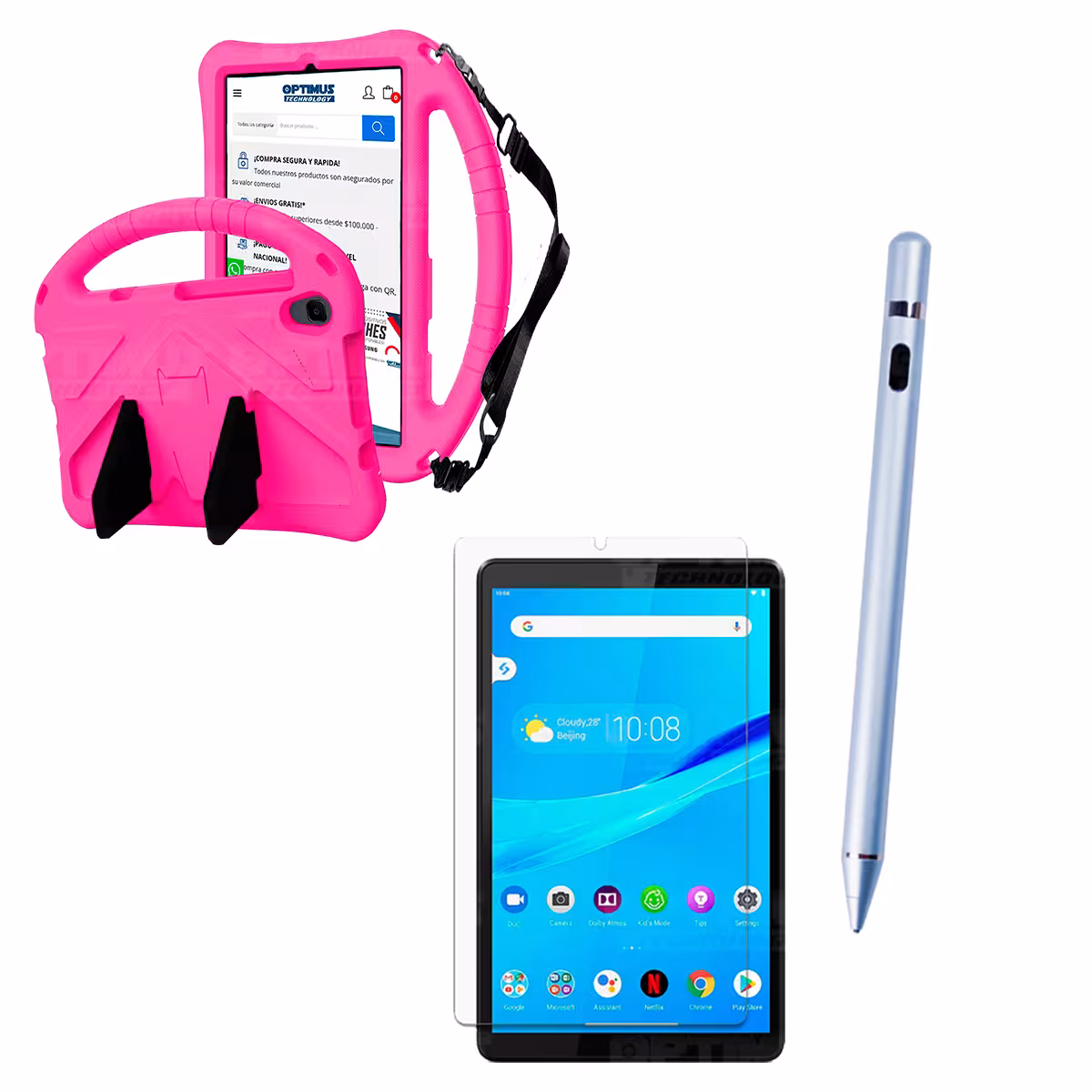 Kit Vidrio Templado + Estuche Protector Anti-Shock con Cordón Ajustable + Lápiz Digital Para Tablet Lenovo Tab M8 X8505f