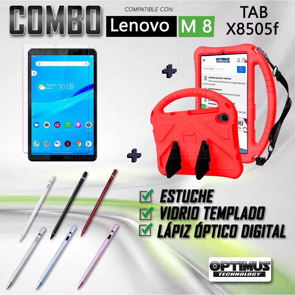 Kit Vidrio Templado + Estuche Protector Anti-Shock con Cordón Ajustable + Lápiz Digital Para Tablet Lenovo Tab M8 X8505f