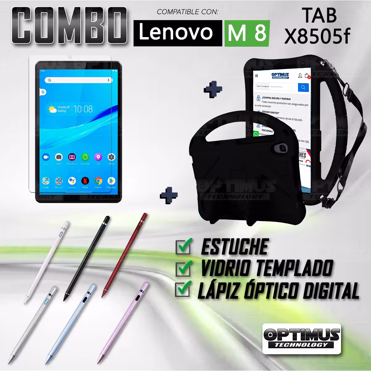 Kit Vidrio Templado + Estuche Protector Anti-Shock con Cordón Ajustable + Lápiz Digital Para Tablet Lenovo Tab M8 X8505f