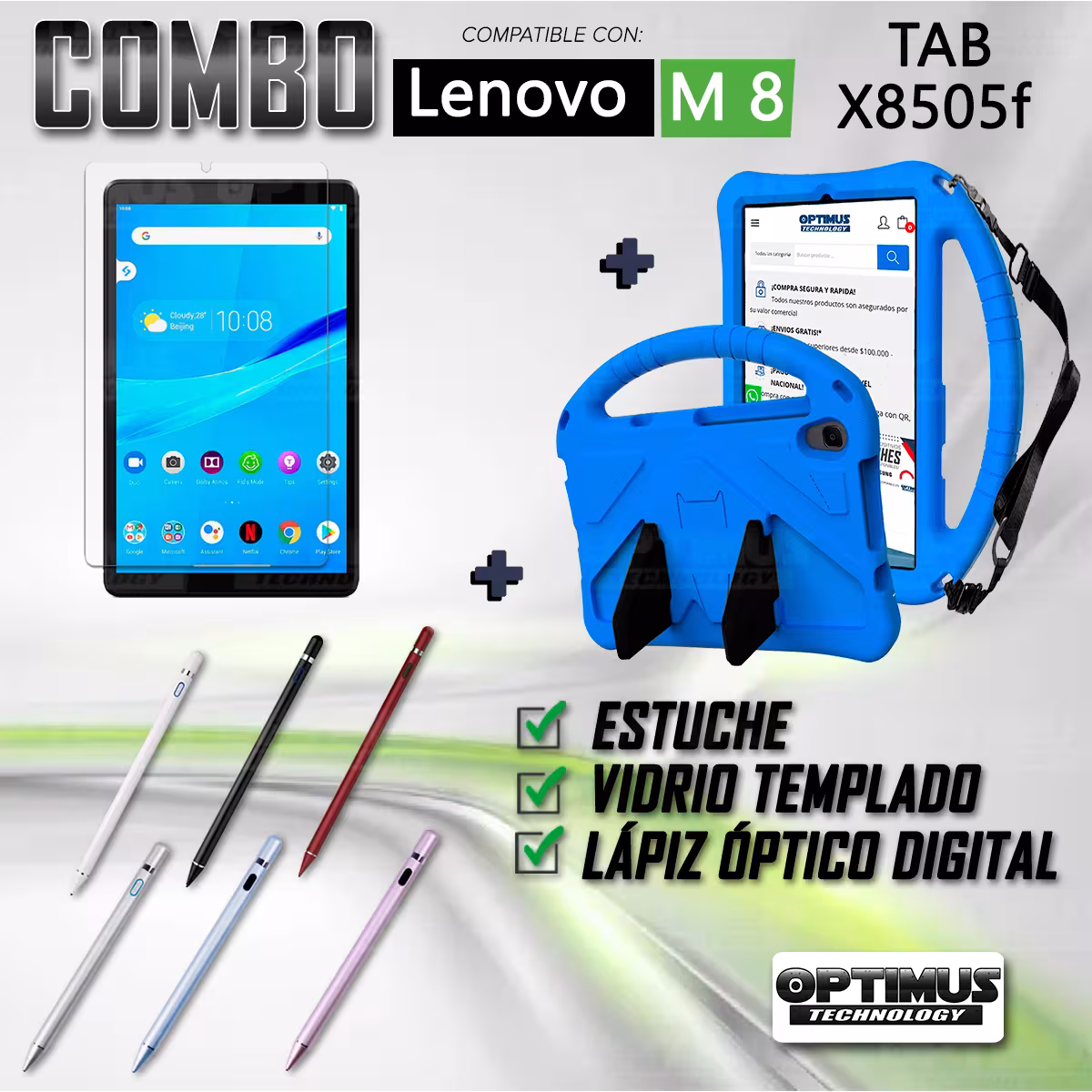 Kit Vidrio Templado + Estuche Protector Anti-Shock con Cordón Ajustable + Lápiz Digital Para Tablet Lenovo Tab M8 X8505f