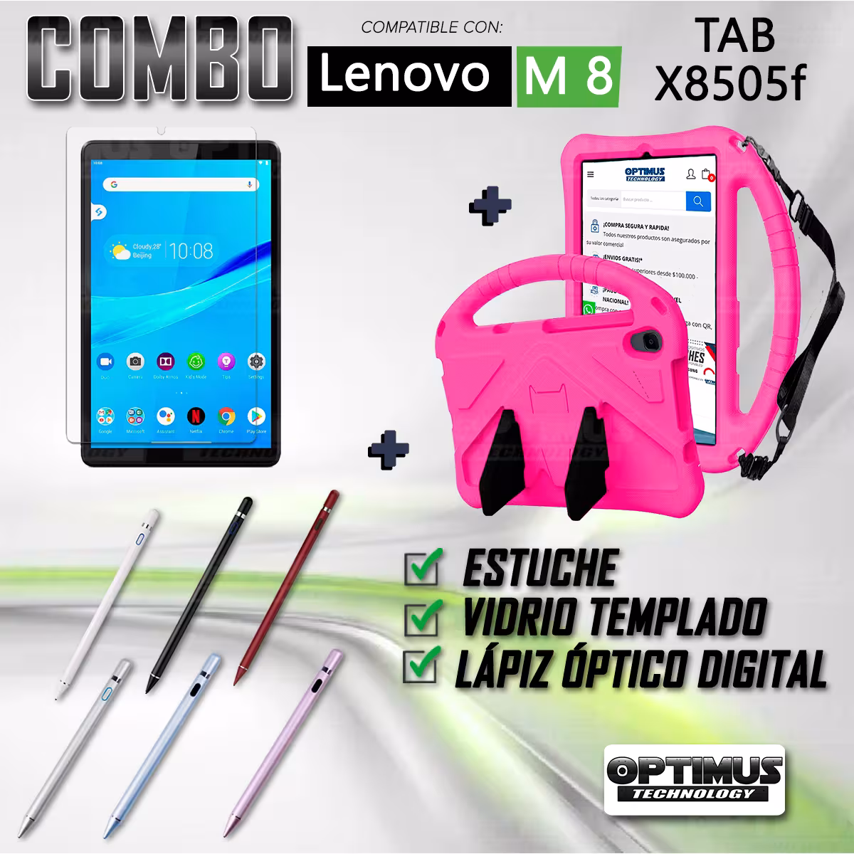 Kit Vidrio Templado + Estuche Protector Anti-Shock con Cordón Ajustable + Lápiz Digital Para Tablet Lenovo Tab M8 X8505f
