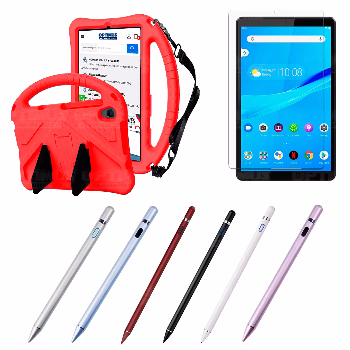 Kit Vidrio Templado + Estuche Protector Anti-Shock con Cordón Ajustable + Lápiz Digital Para Tablet Lenovo Tab M8 X8505f