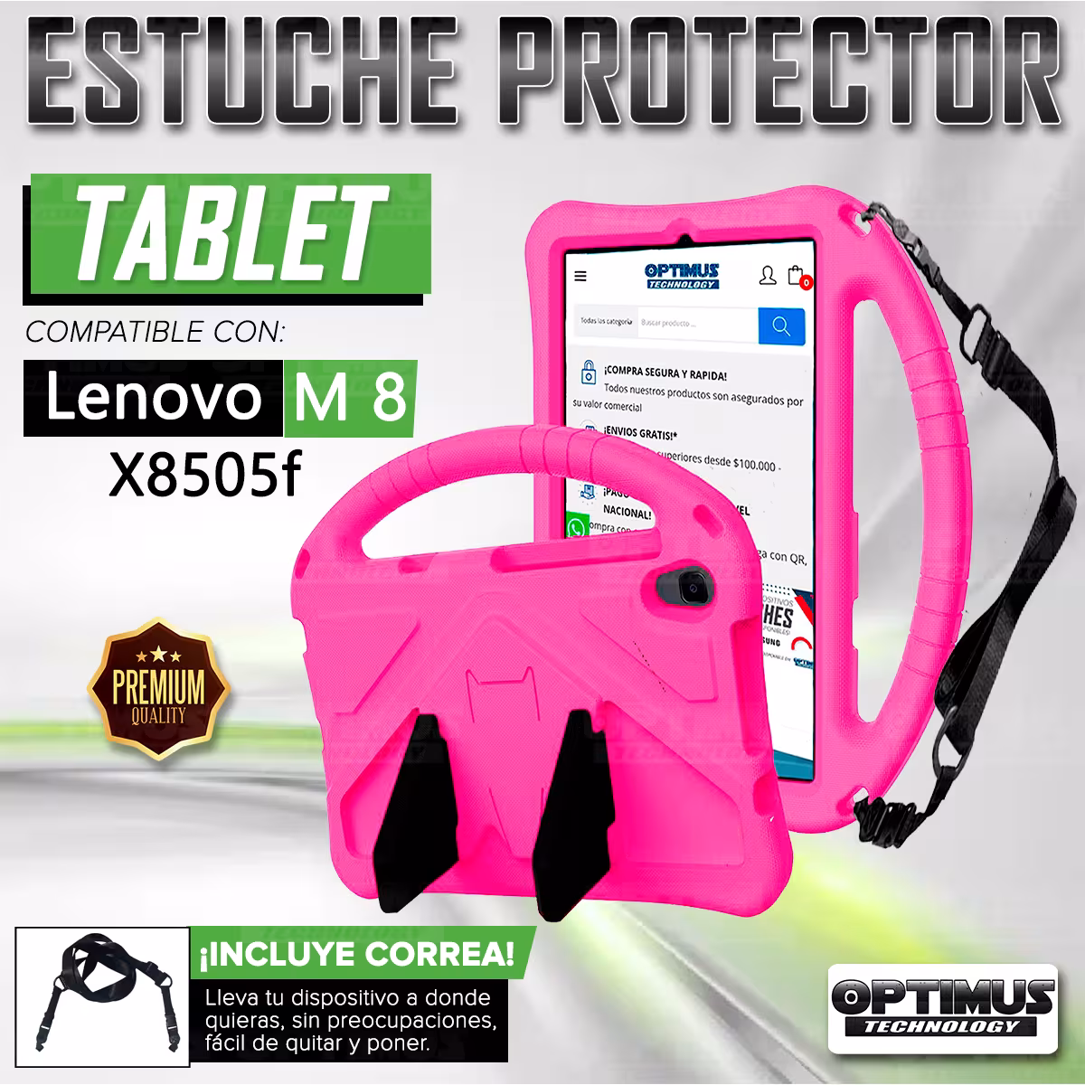 Kit Vidrio Templado Y Estuche Protector con Correa Riata Antigolpes Con Soporte Tablet Compatible para Lenovo Tab M8 X8505f