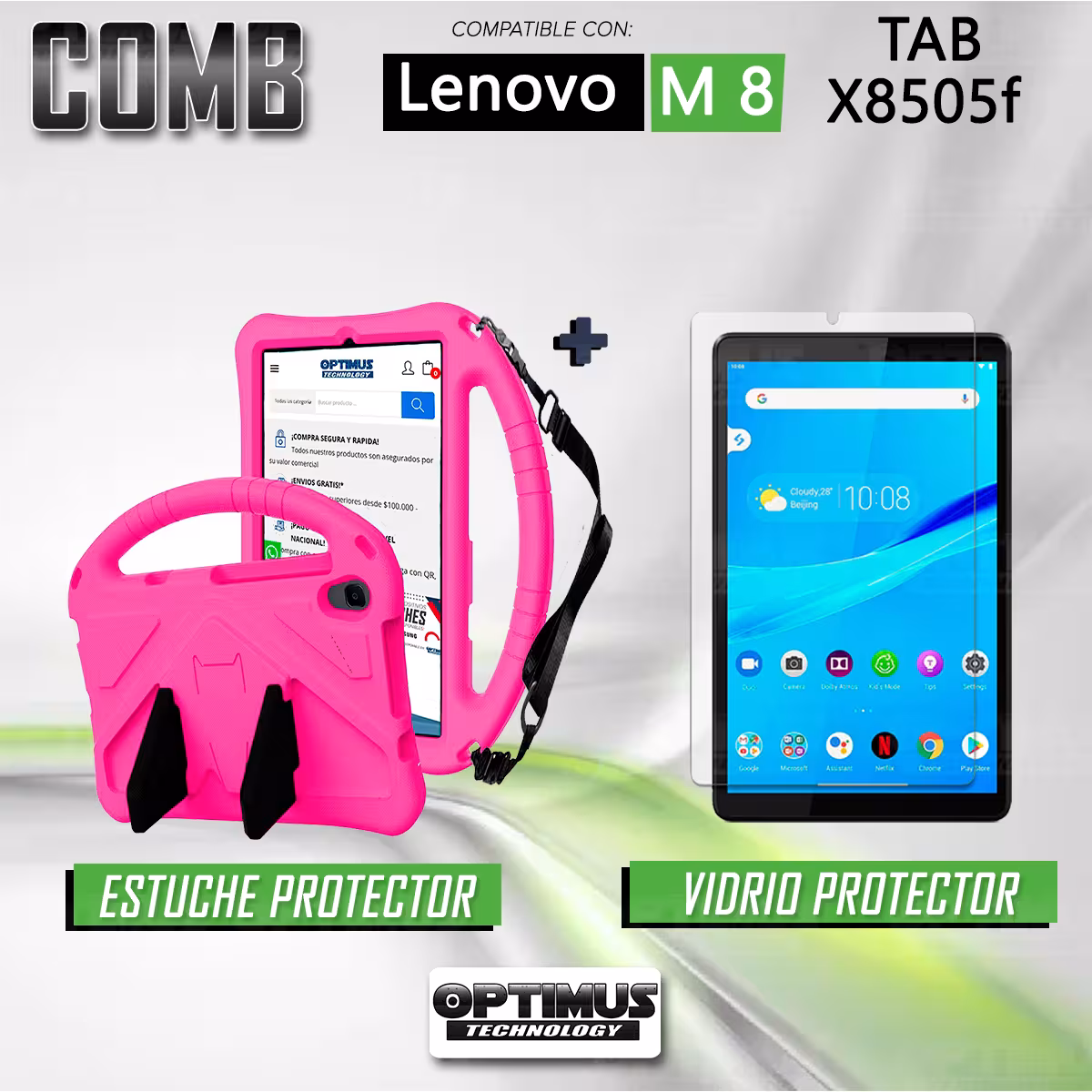 Kit Vidrio Templado Y Estuche Protector con Correa Riata Antigolpes Con Soporte Tablet Compatible para Lenovo Tab M8 X8505f