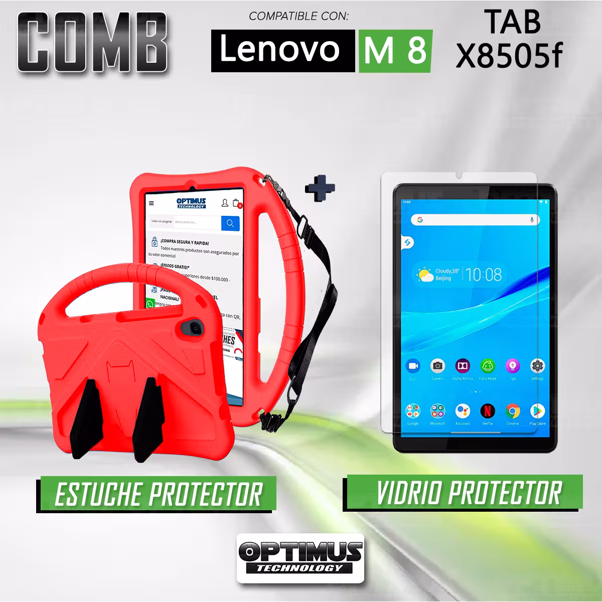 Kit Vidrio Templado Y Estuche Protector con Correa Riata Antigolpes Con Soporte Tablet Compatible para Lenovo Tab M8 X8505f