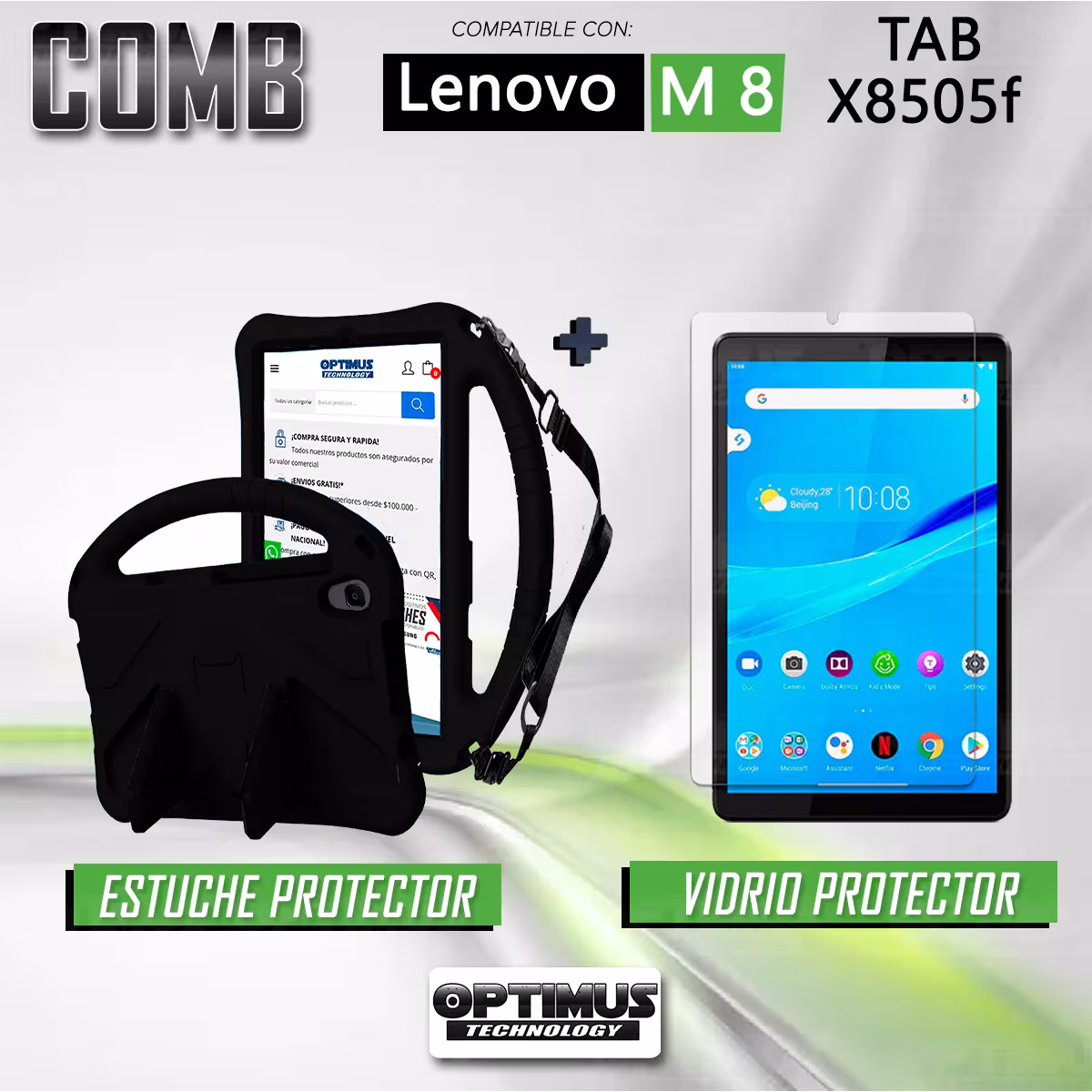 Kit Vidrio Templado Y Estuche Protector con Correa Riata Antigolpes Con Soporte Tablet Compatible para Lenovo Tab M8 X8505f