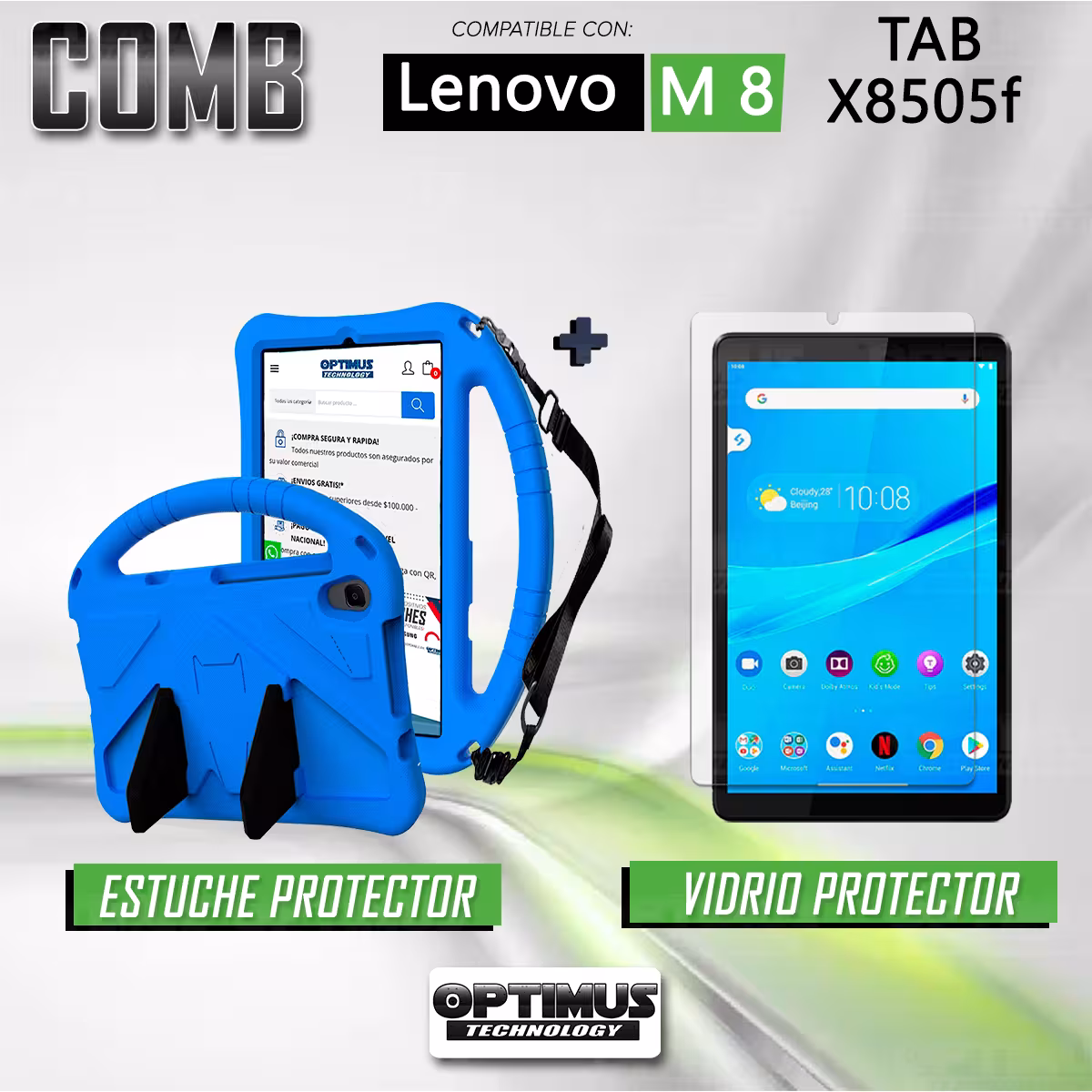 Kit Vidrio Templado Y Estuche Protector con Correa Riata Antigolpes Con Soporte Tablet Compatible para Lenovo Tab M8 X8505f