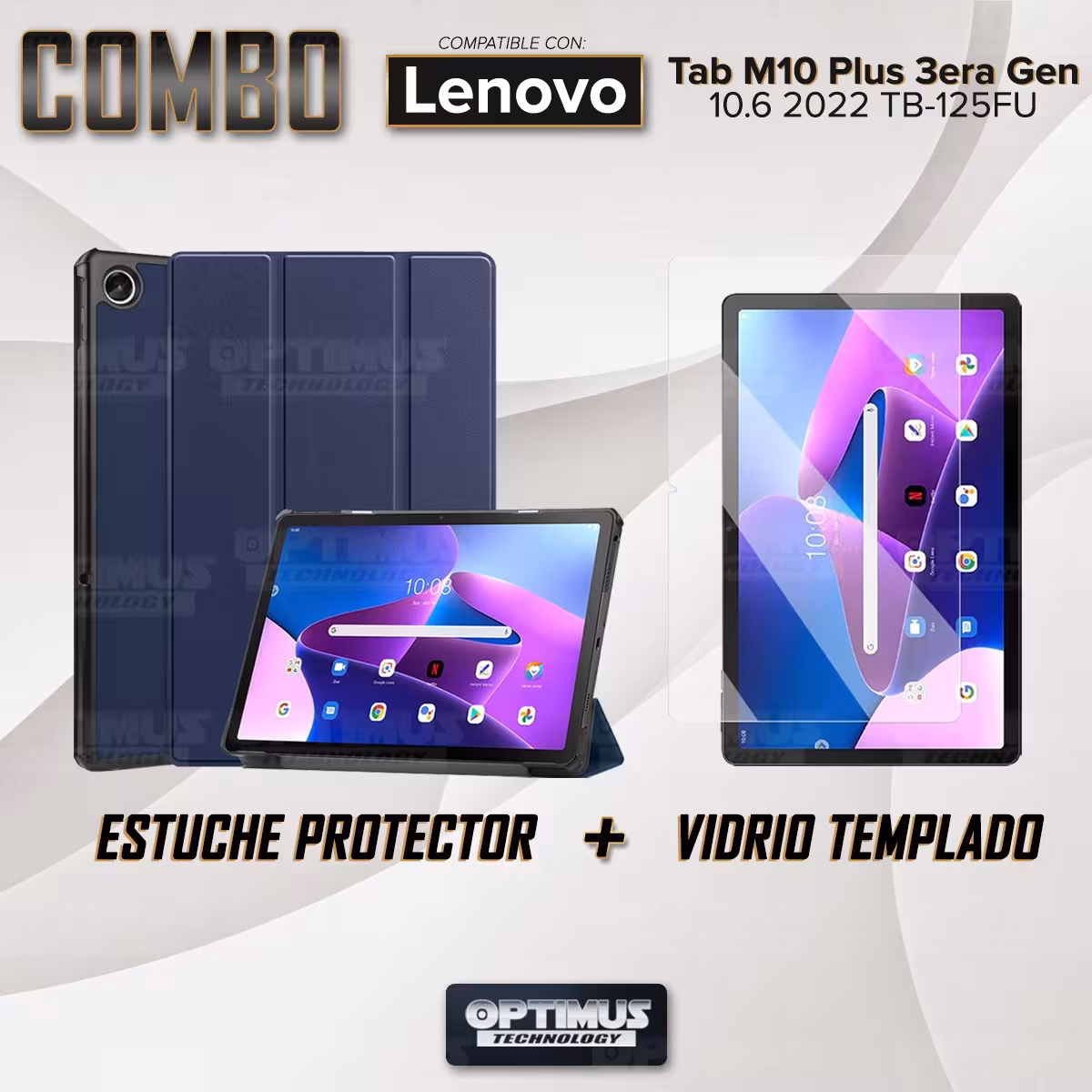Kit Vidrio Cristal Templado Y Estuche Case Protector para Tablet Lenovo Tab M10 Plus 3era Gen 10.6 2022 TB-125FU / TB-128F