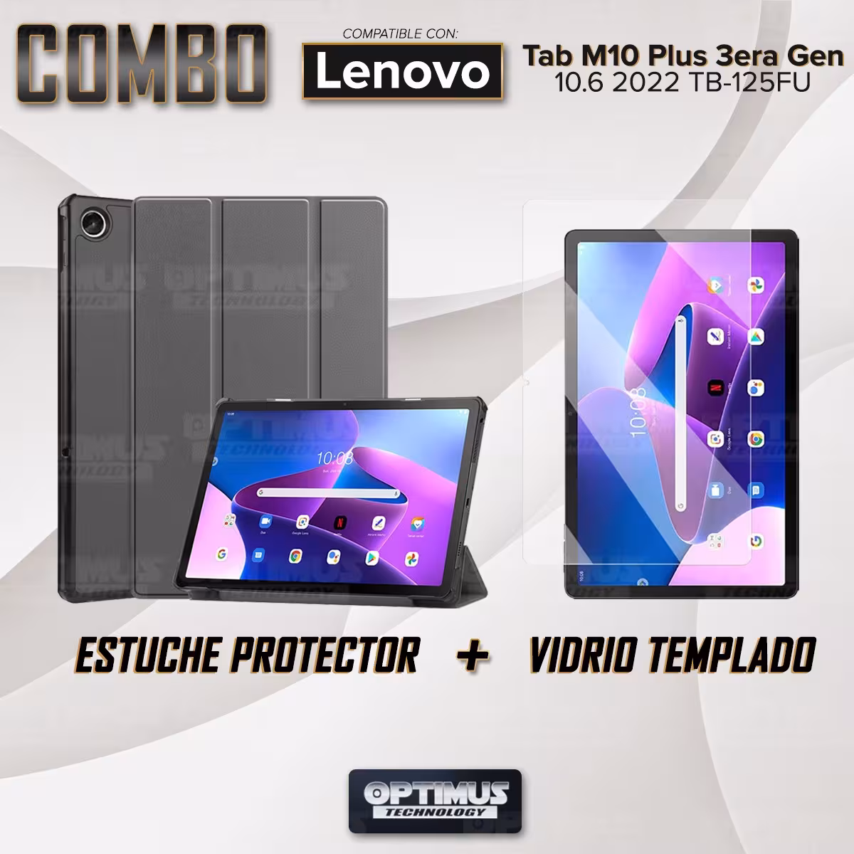 Kit Vidrio Cristal Templado Y Estuche Case Protector para Tablet Lenovo Tab M10 Plus 3era Gen 10.6 2022 TB-125FU / TB-128F