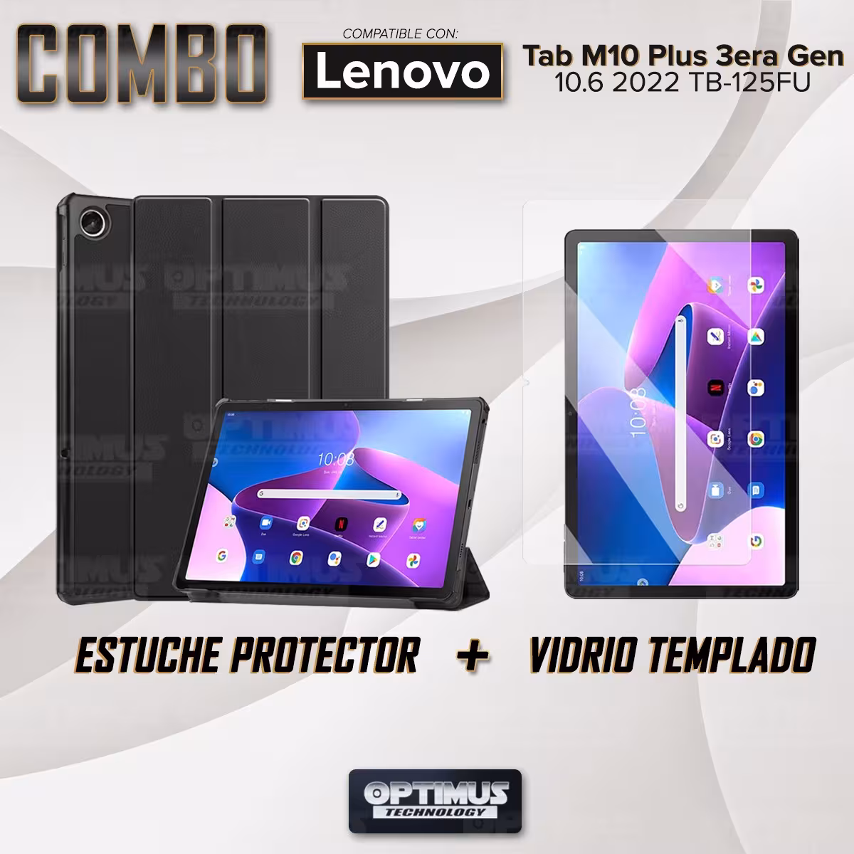 Kit Vidrio Cristal Templado Y Estuche Case Protector para Tablet Lenovo Tab M10 Plus 3era Gen 10.6 2022 TB-125FU / TB-128F