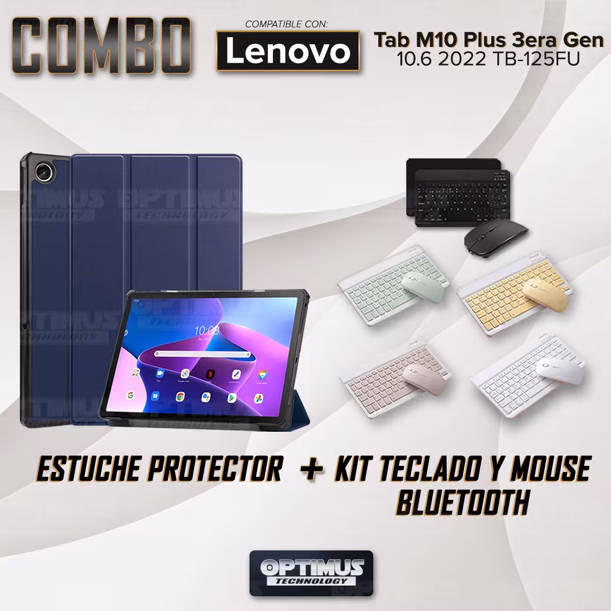 Kit Case Forro Protector + Teclado y Mouse Ratón Bluetooth para Tablet Lenovo Tab M10 Plus 3era Gen 10.6 2022 TB-125FU / TB-128F