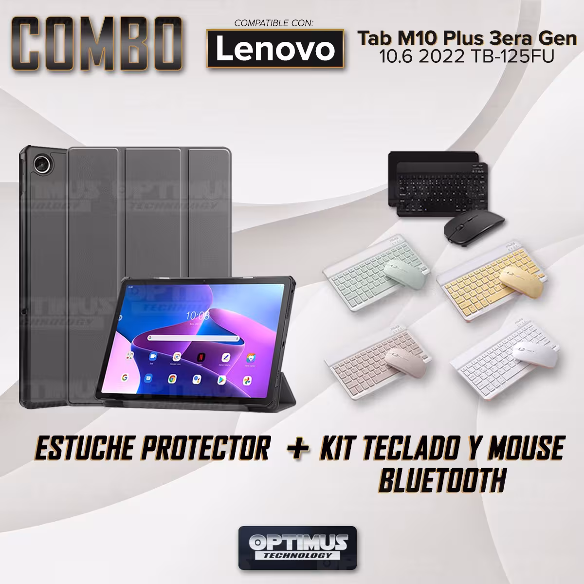 Kit Case Forro Protector + Teclado y Mouse Ratón Bluetooth para Tablet Lenovo Tab M10 Plus 3era Gen 10.6 2022 TB-125FU / TB-128F