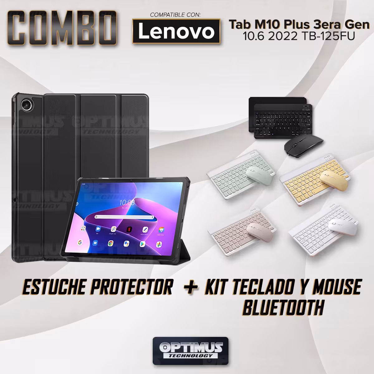 Kit Case Forro Protector + Teclado y Mouse Ratón Bluetooth para Tablet Lenovo Tab M10 Plus 3era Gen 10.6 2022 TB-125FU / TB-128F