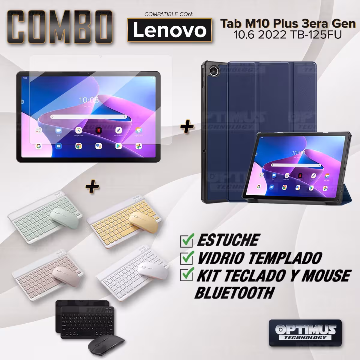 Kit Vidrio templado + Case Protector + Teclado y Mouse Bluetooth Tablet Lenovo Tab M10 Plus 3era Gen 10.6 2022 TB-125FU