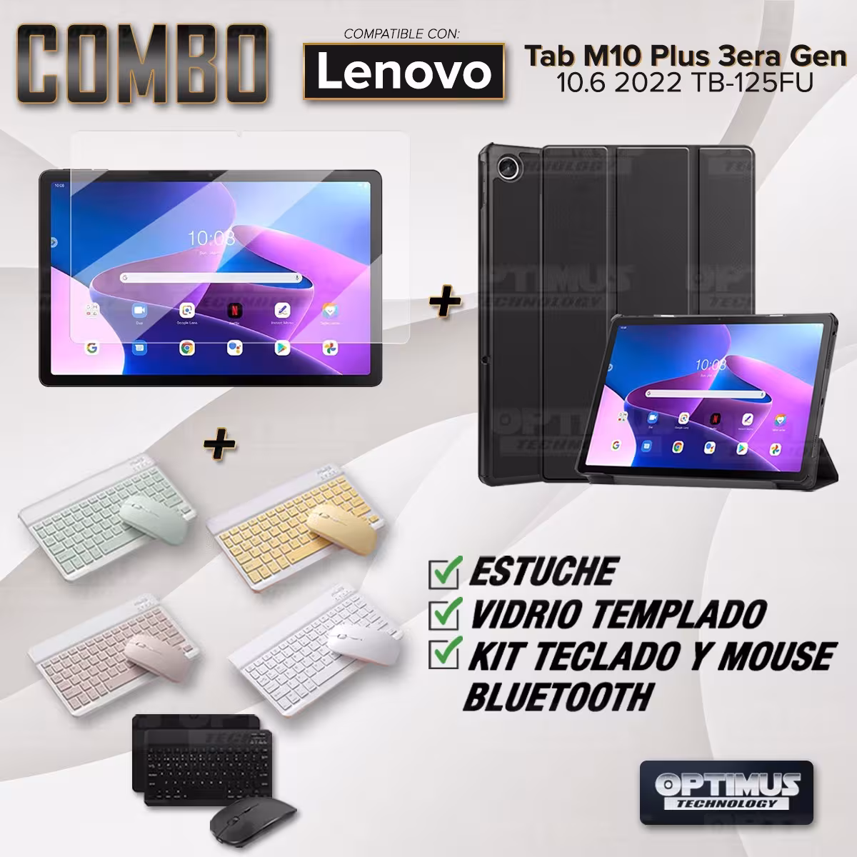 Kit Vidrio templado + Case Protector + Teclado y Mouse Bluetooth Tablet Lenovo Tab M10 Plus 3era Gen 10.6 2022 TB-125FU